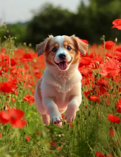 Puppy in a generated flower-field setting
