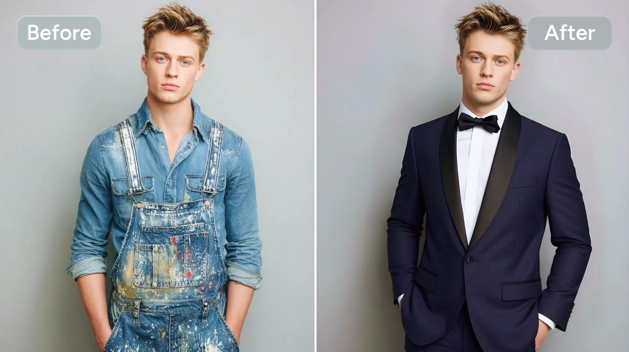 Casual menswear changed to a formal suit concept