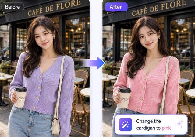 Purple cardigan changed to pink while the rest of the photo stays consistent