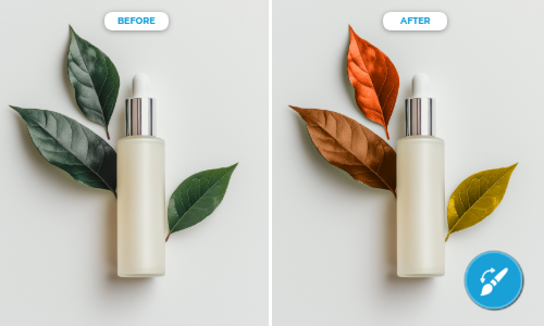Decorative product leaves recolored while the bottle remains unchanged