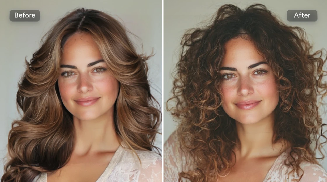 Straight layered hairstyle changed to voluminous curls