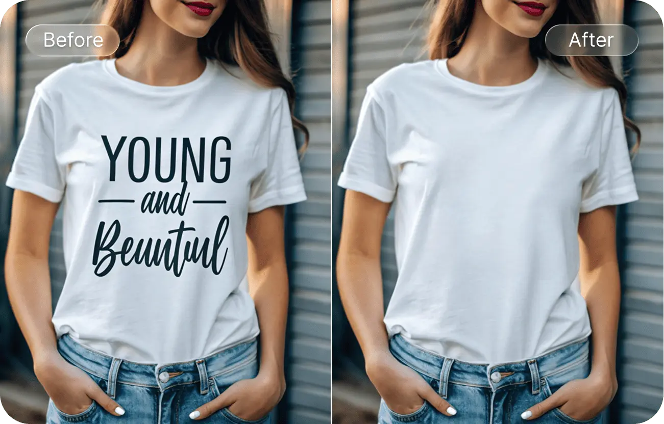Photo before and after removing text from a shirt with AI