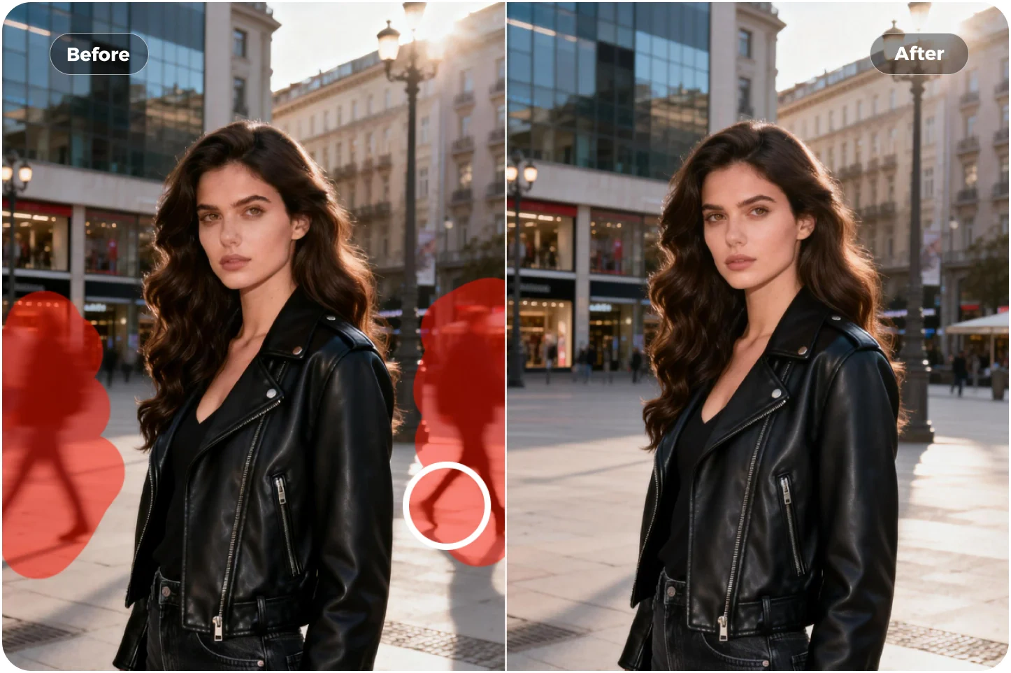 Photo before and after removing background distractions with Magic Eraser
