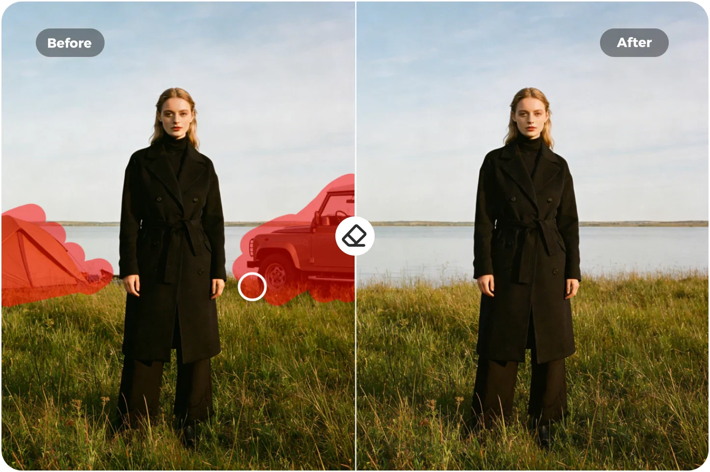 Outdoor photo before and after removing a car and tent with Magic Eraser