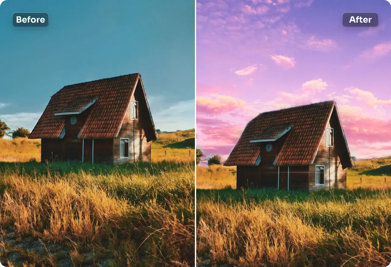 House scene with the foreground retained and only the sky replaced