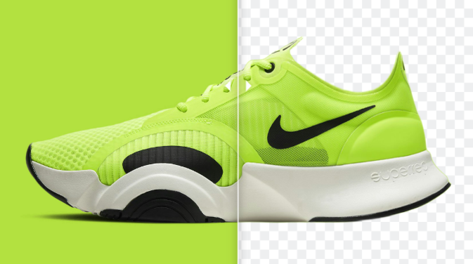 Green shoe before and after its background becomes transparent