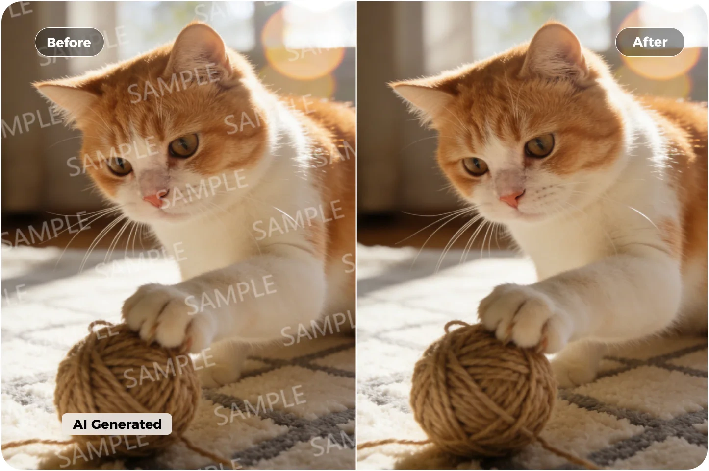 Authorized AI-generated cat image before and after removing self-added sample marks