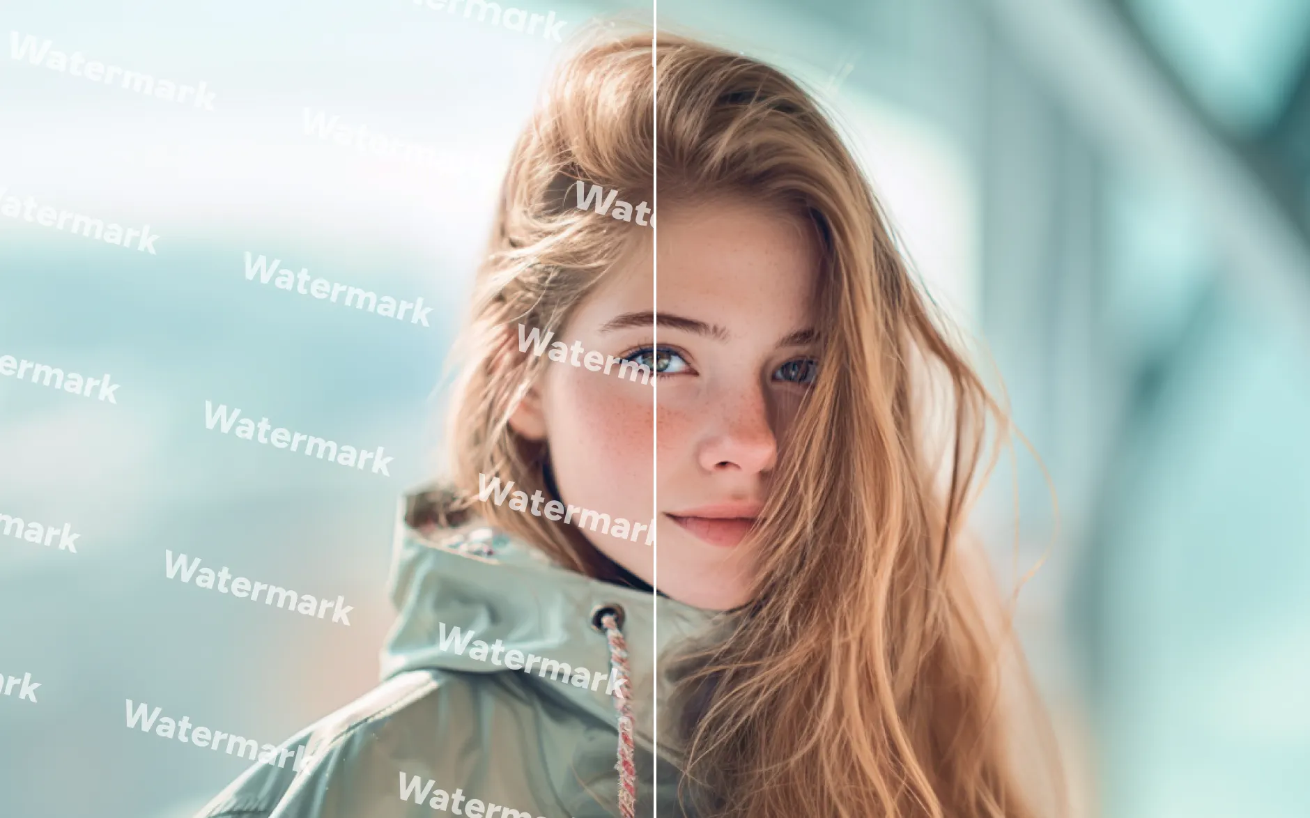 Authorized portrait before and after watermark cleanup